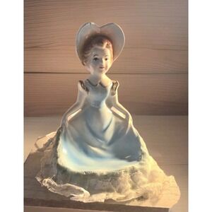 Vintage Figurine/Trinket/Ring Dish Red Hair Blue Dress Lace Trim Handpainted
